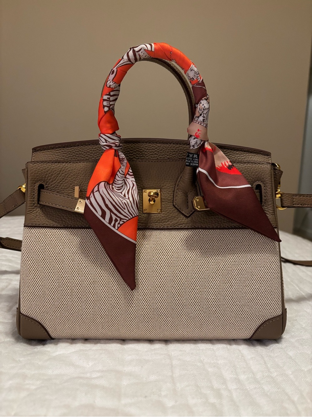 Taupe and Beige Structured Top-Handle Bag